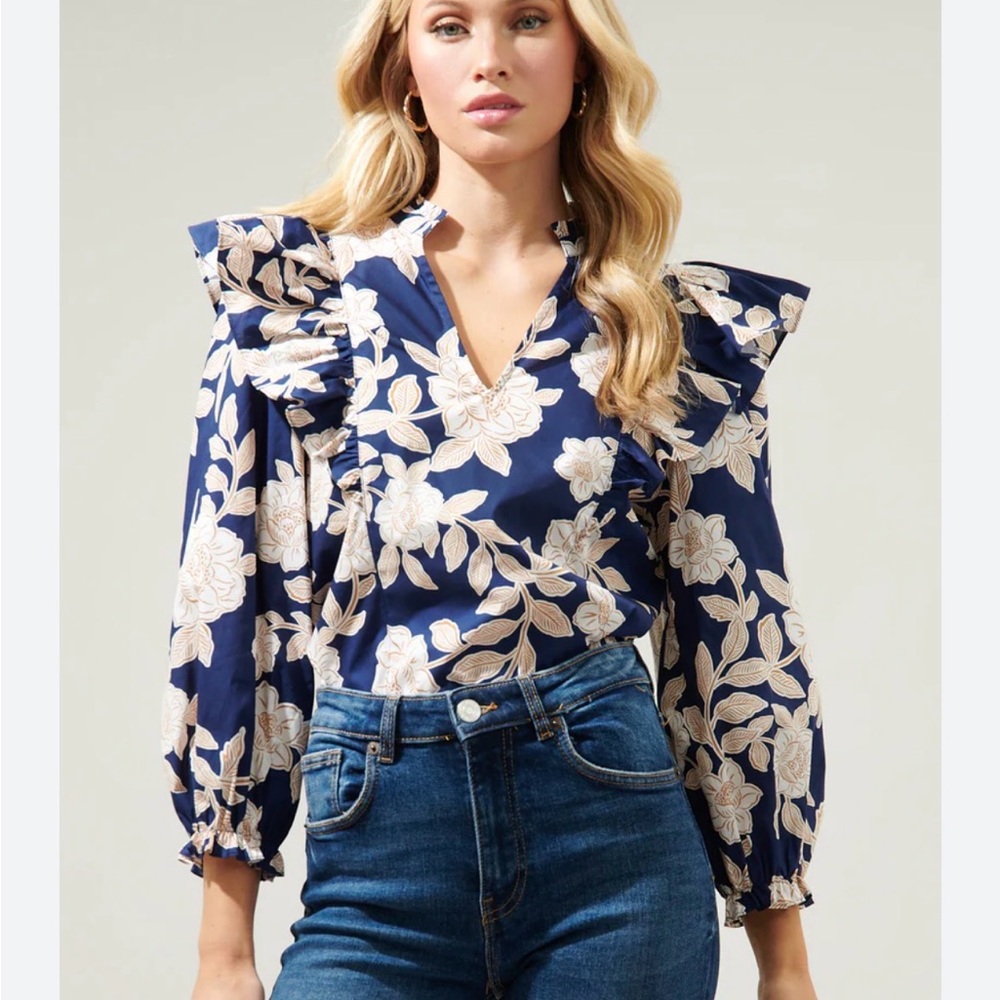 Sugarlips Navy and Cream Floral Top